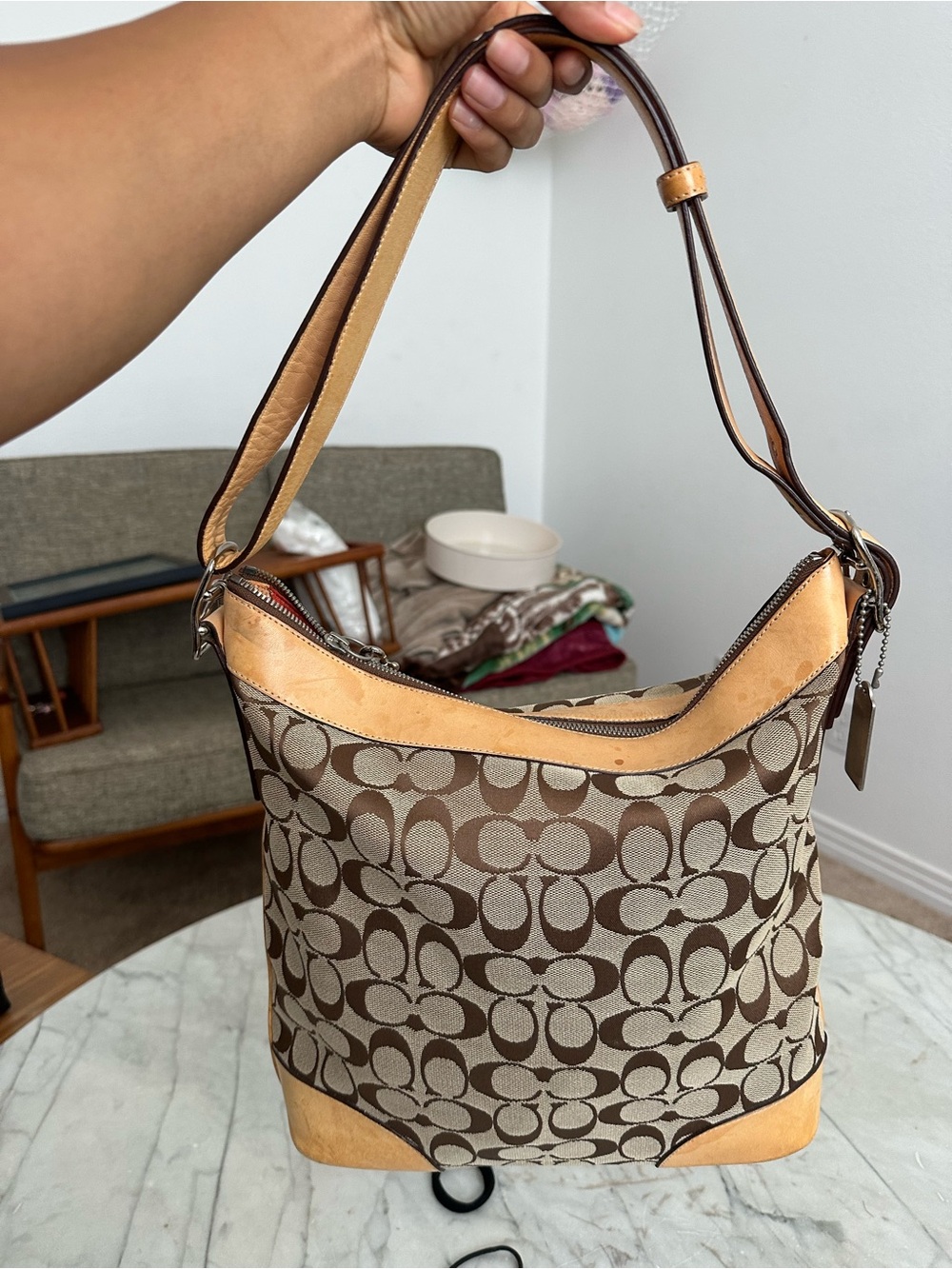 Coach Signature Hobo in Brown and Tan Leather Trim